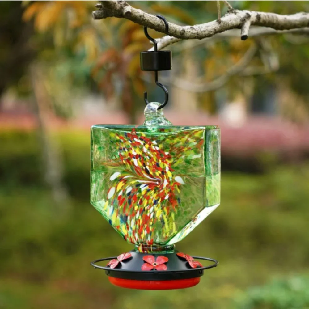 28 oz - Hand Blown Glass Hummingbird Feeder for Outdoors